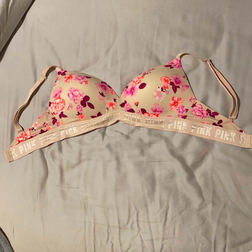 PINK Floral and cream colored bra